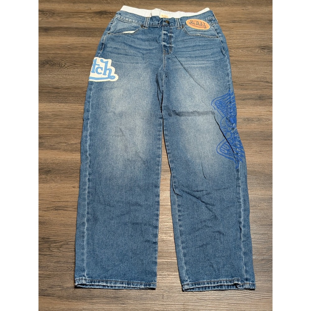 Von Dutch Originals Baggy Wide Leg Graphic Jeans Blue Medium Wash Size 11 Y2K